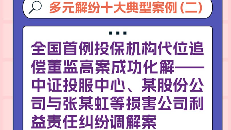 多元解纷十大典型案例（二）全国首例投保机构代位追偿董监高案成功化解——中证投服中心、某股份公司与张某虹等损害公司利益责任纠纷调解案